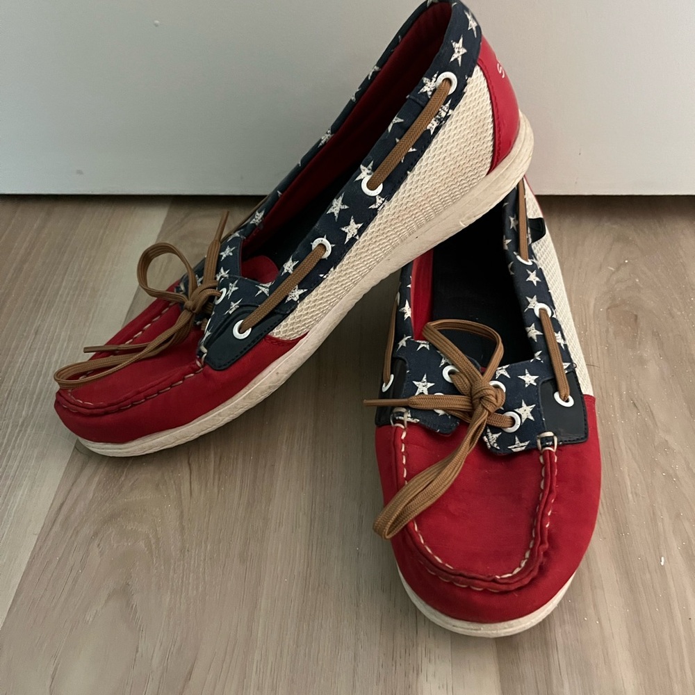 Sperry Red and Blue Moccasins